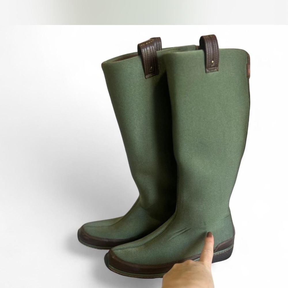 AETREX Green Brown Neoprene Pull On Tall Winter Rain Boots Waterproof Size 8 - Picture 3 of 8